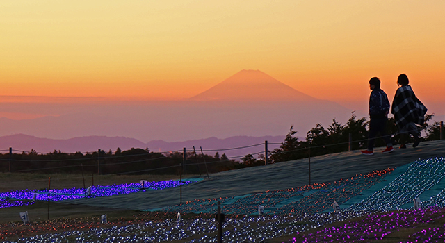 美しい富士山の夕景とイルミネーション